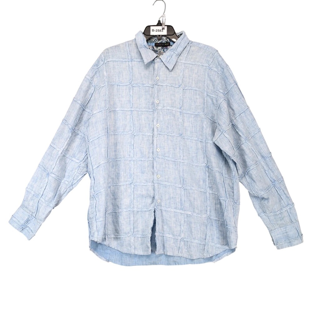Tulliano Blue Chambray Raw Edge Applique Button Shirt Mens XL Y2K Streetwear